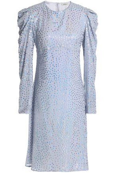 Shop Nina Ricci Woman Ruffle-trimmed Metallic Silk-georgette Dress Sky Blue
