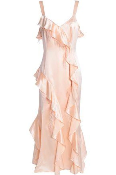 Shop Cinq À Sept Gigi Feather-trimmed Ruffled Silk-satin Midi Dress In Blush