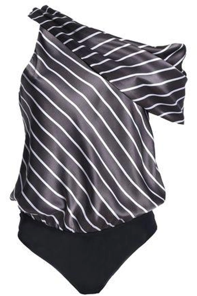 Shop Alix Woman One-shoulder Striped Silk-satin Bodysuit Anthracite