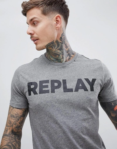 Shop Replay Logo T-shirt In Gray - Navy