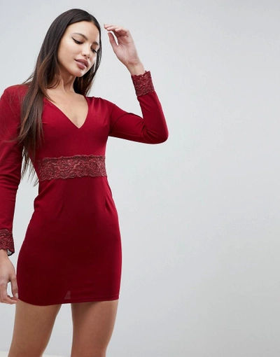 Shop Ax Paris Long Sleeve V Neck Dress With Lace Detail-red