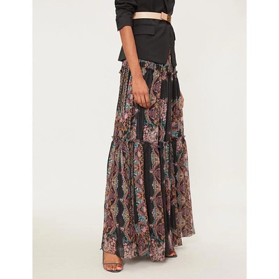 Shop Etro Floral-print Silk Maxi Skirt In Black Multi