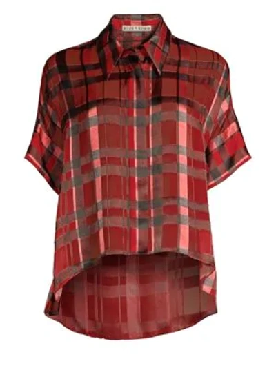 Shop Alice And Olivia Edyth High-low Button Up Shirt In Window Pane Plaid Ruby