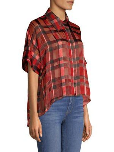 Shop Alice And Olivia Edyth High-low Button Up Shirt In Window Pane Plaid Ruby