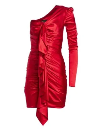 Shop Alexandre Vauthier Silk One-shouldered Ruched Mini Dress In Scarlet