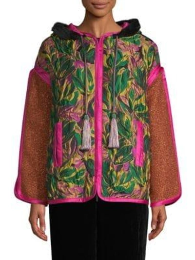 Shop Etro Floral Faux Fur-trim Patchwork Hooded Jacket In Green