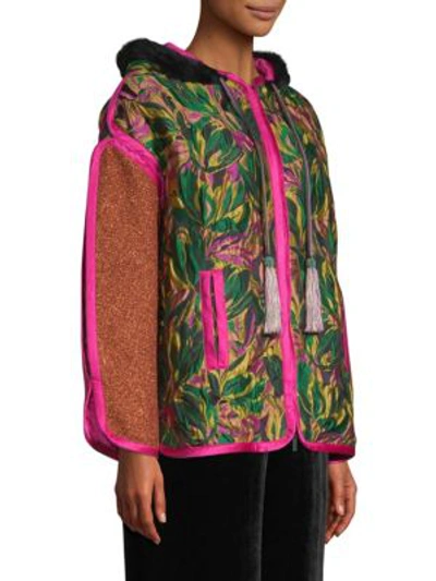 Shop Etro Floral Faux Fur-trim Patchwork Hooded Jacket In Green