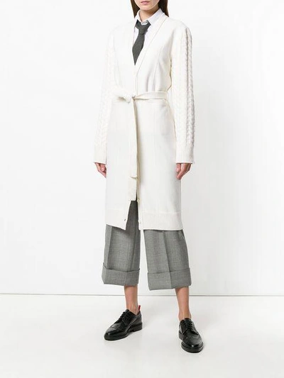 Shop Thom Browne Long Cable Knit V-neck Cardigan - White