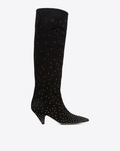 Shop Valentino Suede Microstud Knee High Boot 60mm In Black