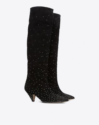 Shop Valentino Suede Microstud Knee High Boot 60mm In Black