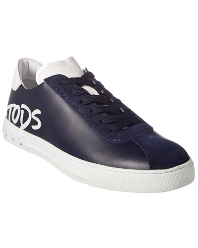 Shop Tod's Logo Applique Leather Sneaker In Blue