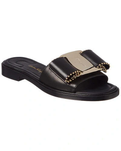 Shop Ferragamo Vara Bow Studded Leather Slide Sandal In Black