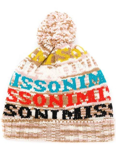 Shop Missoni Logo Knitted Pom Pom Hat - Neutrals