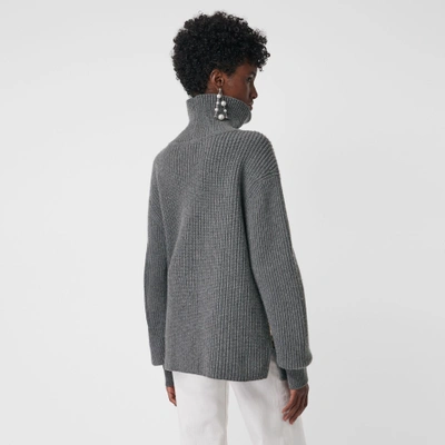 Shop Burberry Archive Scarf Print Panel Wool Turtleneck Sweater In Grey Melange