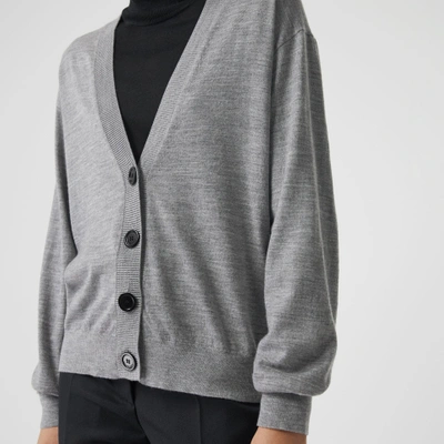 Shop Burberry Vintage Check Detail Merino Wool Cardigan In Grey Melange