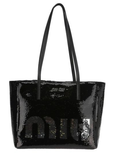 Shop Miu Miu Shopping Logo Pailettes In Nero + Argento