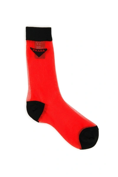 Shop Prada Logo Socks In Rosso