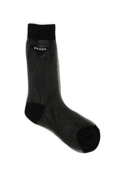 Prada Sheer Logo Socks In Nero | ModeSens