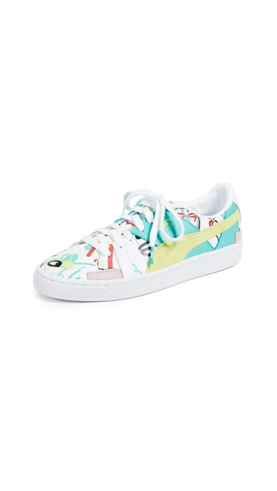 Shop Puma Basket Graphic Sm Sneakers In  White/sunny Lime