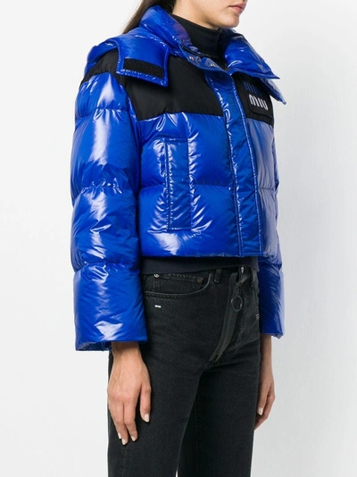Shop Miu Miu Cropped Hooded Puffer Jacket - Blue