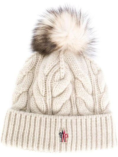 Shop Moncler Grenoble Cable Knit Bobble Hat - White