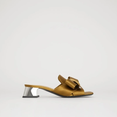 Shop Burberry Bow Detail Satin Block-heel Mules In Antique Gold