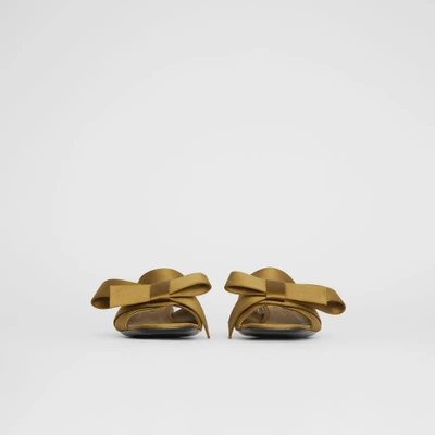 Shop Burberry Bow Detail Satin Block-heel Mules In Antique Gold