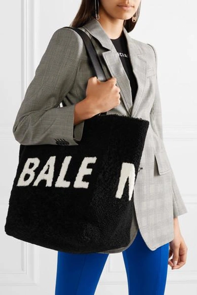 Shop Balenciaga Intarsia Shearling Shoulder Bag In Black