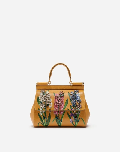 Shop Dolce & Gabbana Sicily Handbag In Printed Dauphine Calfskin With Embroideries In Yellow