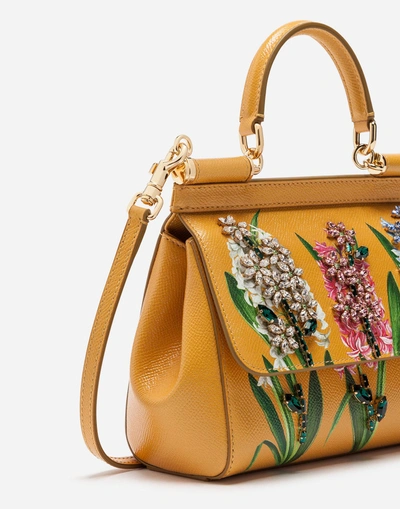 Shop Dolce & Gabbana Sicily Handbag In Printed Dauphine Calfskin With Embroideries In Yellow