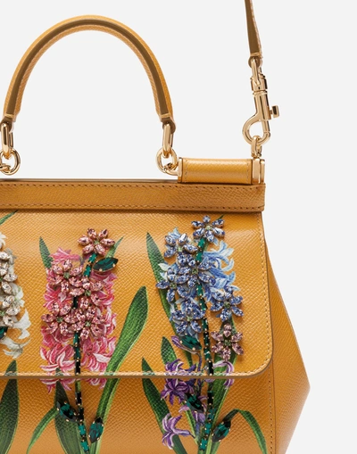 Shop Dolce & Gabbana Sicily Handbag In Printed Dauphine Calfskin With Embroideries In Yellow