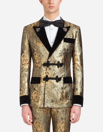 Shop Dolce & Gabbana Tuxedo-style Smoking Jacket In Jacquard Wool With Patches In Gold