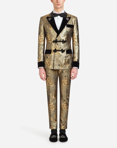 Shop Dolce & Gabbana Tuxedo-style Smoking Jacket In Jacquard Wool With Patches In Gold