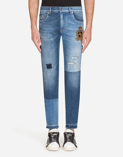 Shop Dolce & Gabbana Gold Fit Stretch Jeans With Patch In Blue