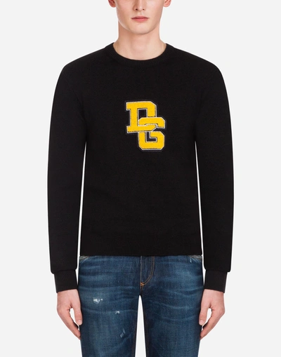 Shop Dolce & Gabbana Crew Neck Knit In Wool With Patch In Black