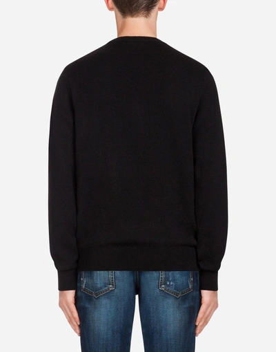Shop Dolce & Gabbana Crew Neck Knit In Wool With Patch In Black