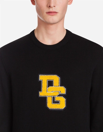 Shop Dolce & Gabbana Crew Neck Knit In Wool With Patch In Black