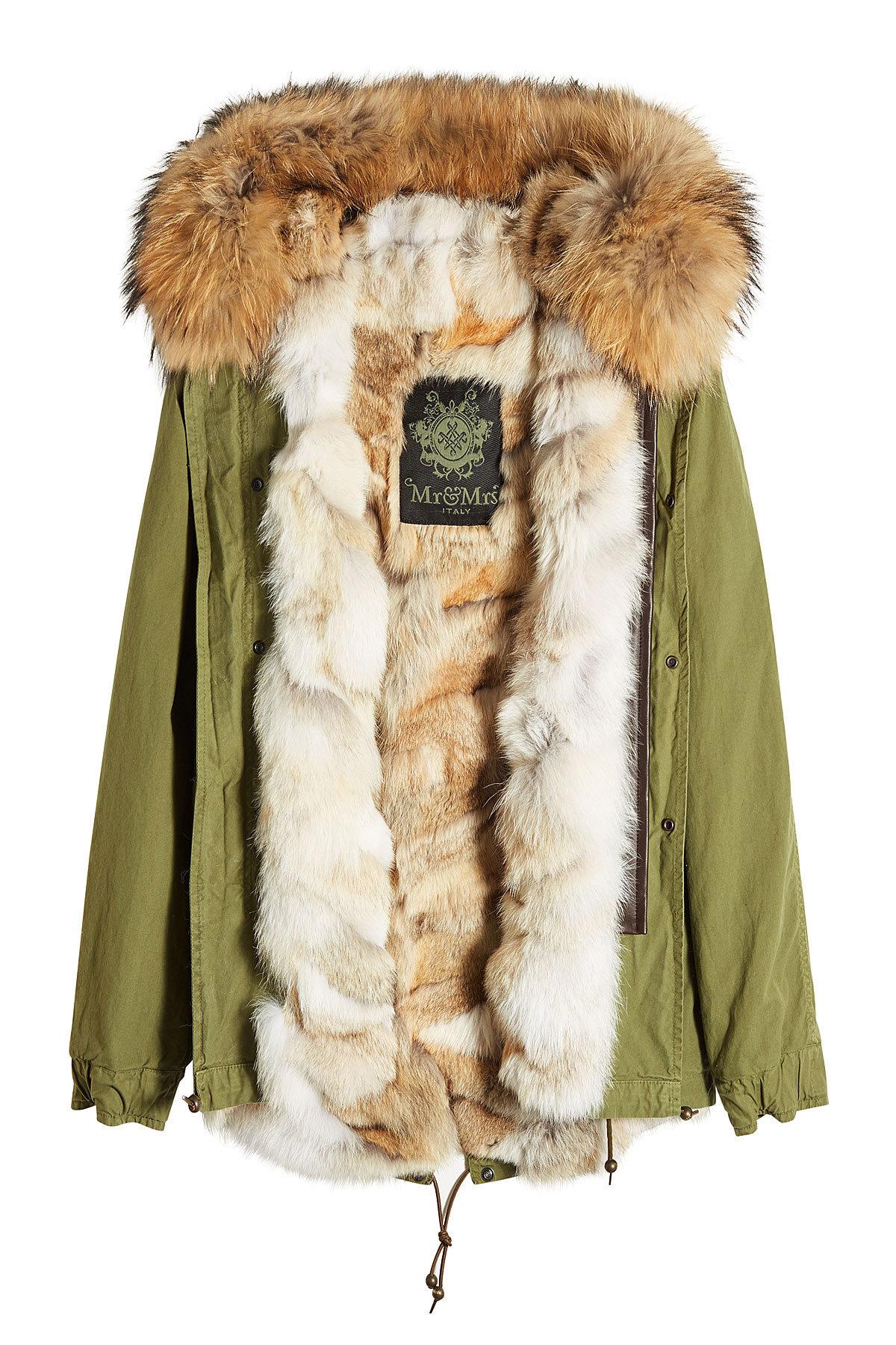 Mr Mrs Italy Army Mini Cotton Parka With Raccoon And Coyote Fur In Green Modesens
