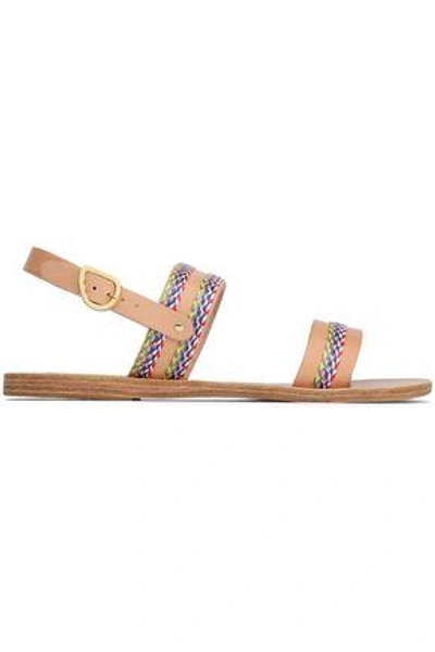 Shop Ancient Greek Sandals Woman Dinami Raffia-trimmed Leather Slingback Sandals Sand