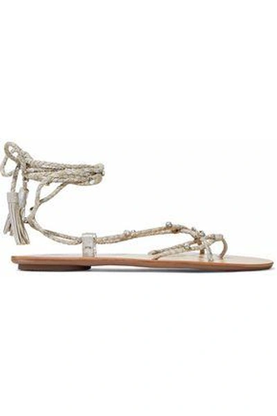 Shop Loeffler Randall Woman Bo Crystal-embellished Braided Metallic Suede Sandals Silver