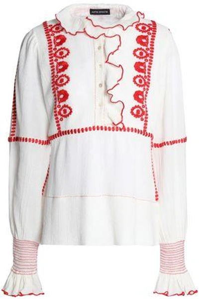 Shop Antik Batik Woman Ruffle-trimmed Embroidered Cotton Blouse White