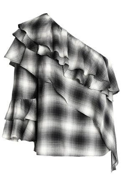 Shop Alice And Olivia Woman Hilaria One-shoulder Ruffled Checked Flannel Top Black