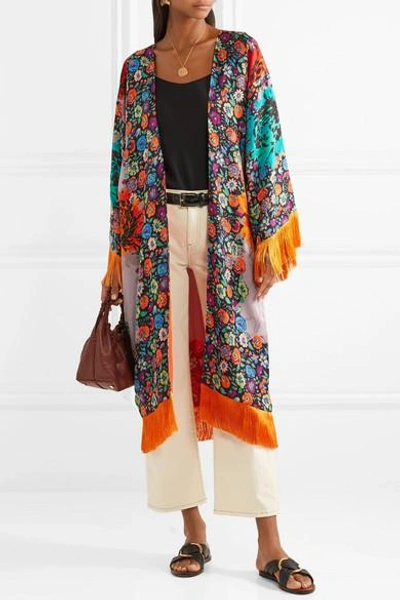 Shop Etro Fringed Floral-print Satin-jacquard Kimono In Orange