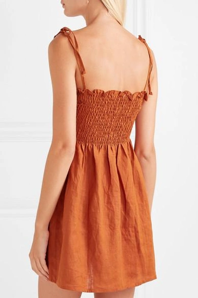 Shop Faithfull The Brand Rosa Smocked Linen Mini Dress In Camel