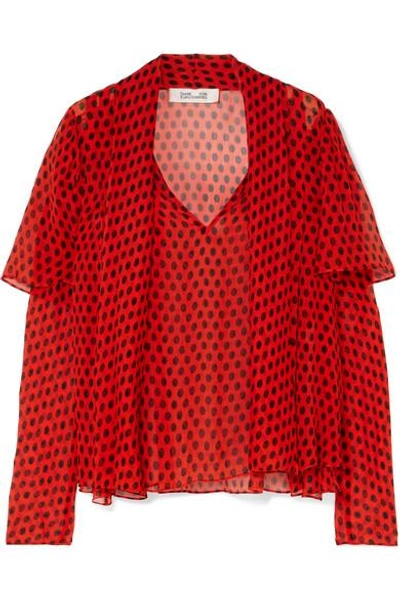 Shop Diane Von Furstenberg Pussy-bow Polka-dot Crinkled Silk-chiffon Blouse In Red