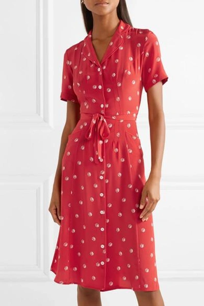 Shop Hvn Maria Printed Silk Crepe De Chine Midi Dress In Red