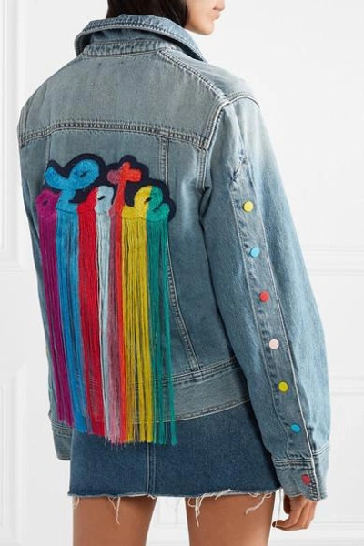 Shop Mira Mikati Fringed Embroidered Denim Jacket In Light Denim