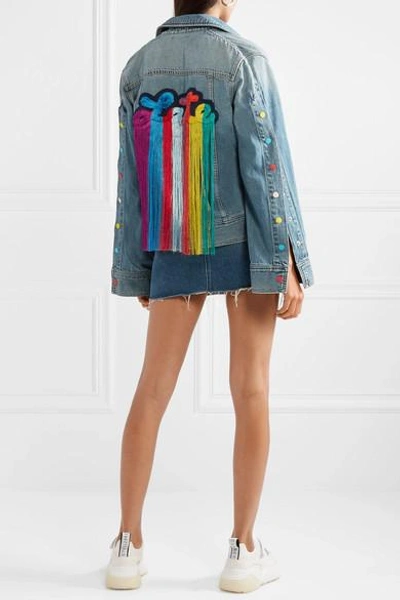 Shop Mira Mikati Fringed Embroidered Denim Jacket In Light Denim
