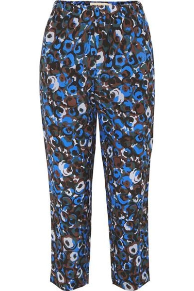 Shop Marni Printed Silk-crepe Slim-leg Pants In Blue