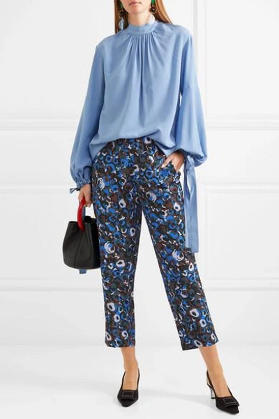 Shop Marni Printed Silk-crepe Slim-leg Pants In Blue